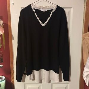 Black and White V-Neck Sweater with Ruffle Trim